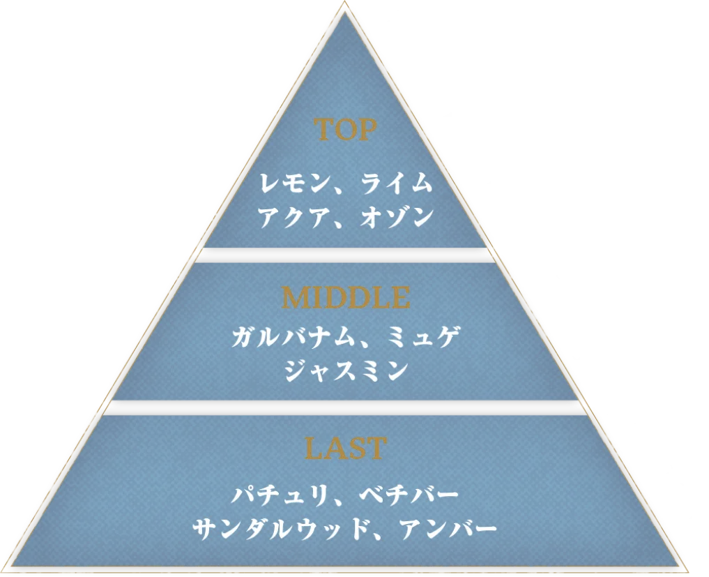 TOP：レモン、ライム、アクア、オゾン・MIDDLE：ガルバナム、ミュゲ、ジャスミン・LAST：パチュリ、ベチバー、サンダルウッド、アンバー
