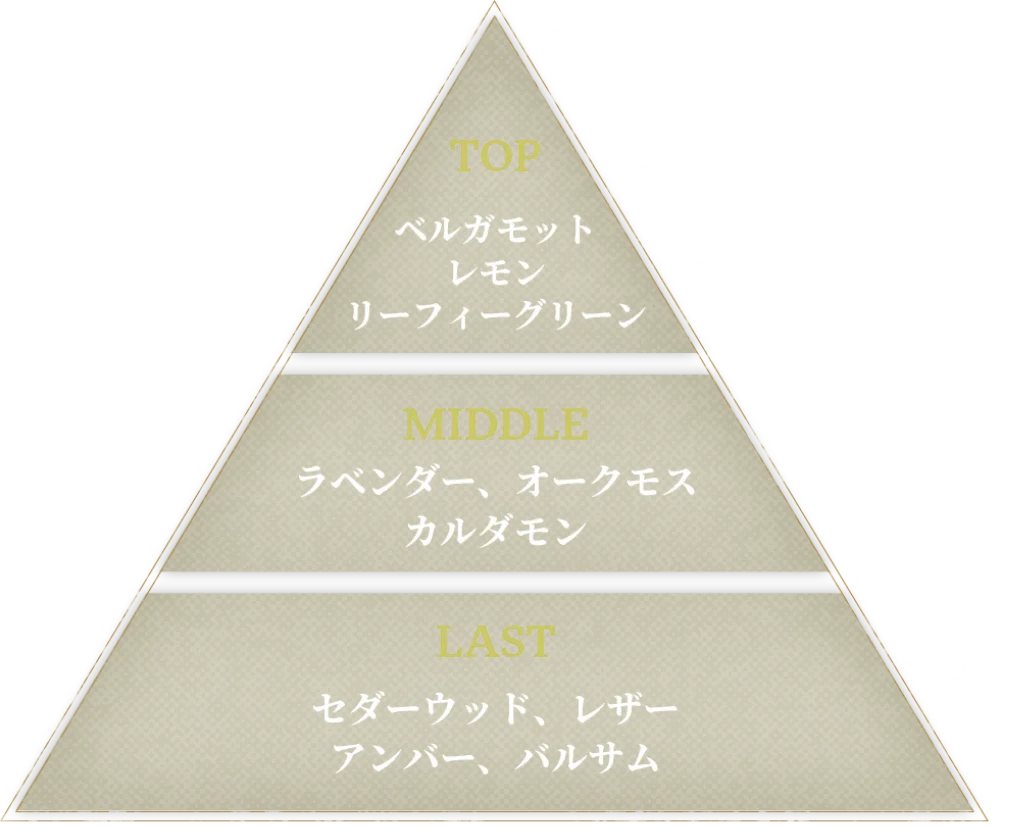 TOP：ベルガモット、レモン、リーフィーグリーン・MIDDLE：ラベンダー、オークモス、カルダモン・LAST：セダーウッド、レザー、アンバー、バルサム